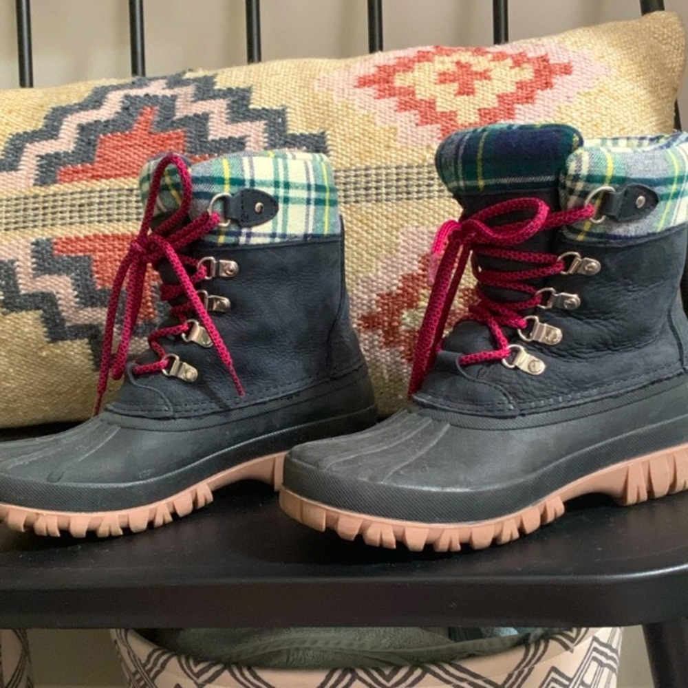 J.Crew Plaid top Duck Boots